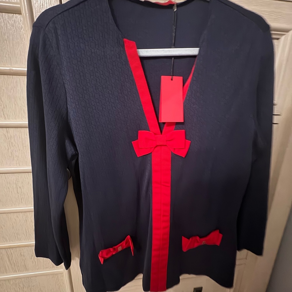 Carolina Herrera Navy and Red Long Sleeve Top